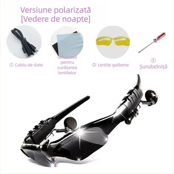 Ochelari Bluetooth cu casti, ochelari de soare polarizați, montare pe cap (distanță de 10 m, Bluetooth 5.0, autonomie 4-8 ore)