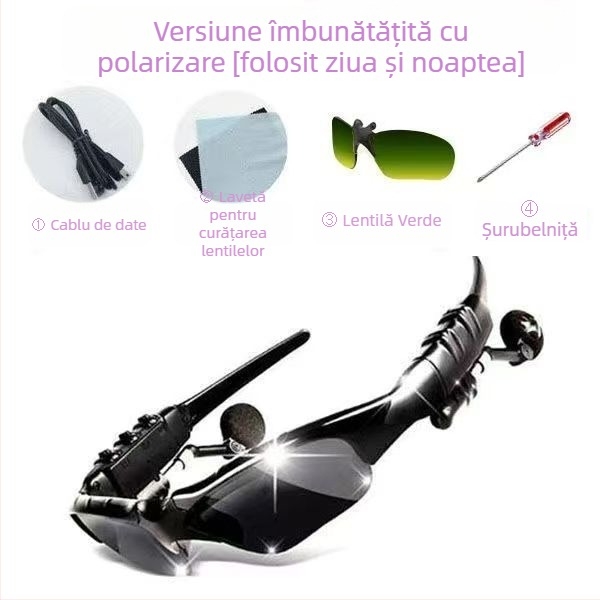 Ochelari Bluetooth cu casti, ochelari de soare polarizați, montare pe cap (distanță de 10 m, Bluetooth 5.0, autonomie 4-8 ore)