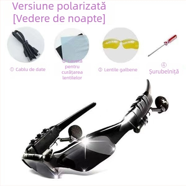Ochelari Bluetooth cu casti, ochelari de soare polarizați, montare pe cap (distanță de 10 m, Bluetooth 5.0, autonomie 4-8 ore)