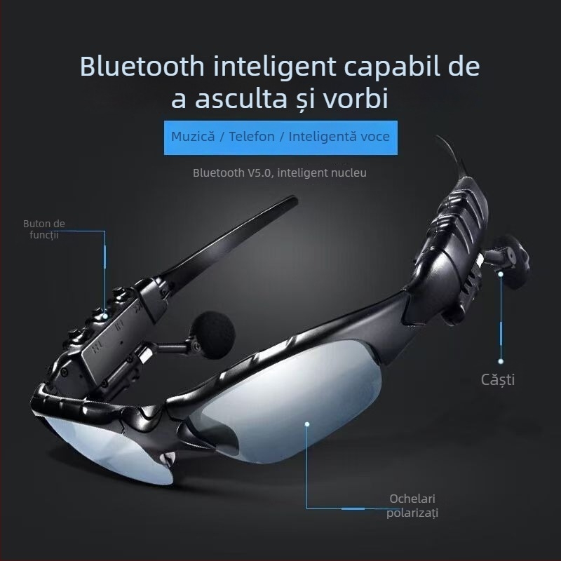 Ochelari Bluetooth cu casti, ochelari de soare polarizați, montare pe cap (distanță de 10 m, Bluetooth 5.0, autonomie 4-8 ore)