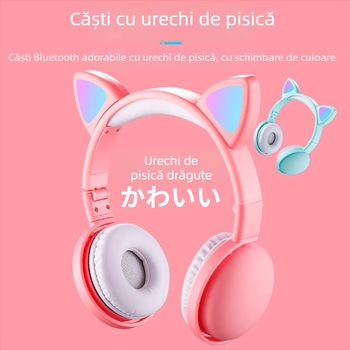 Cască Bluetooth pentru cap cu urechi de pisică luminoase, BT 5.3, rază de 15 m, autonomie baterie peste 8 ore, structură PC+ABS, design rezistent la apă