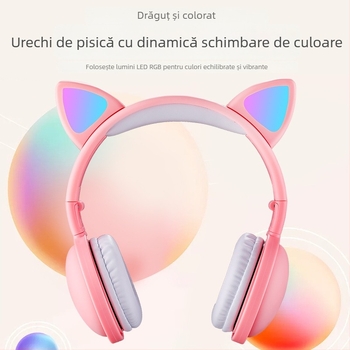 Cască Bluetooth pentru cap cu urechi de pisică luminoase, BT 5.3, rază de 15 m, autonomie baterie peste 8 ore, structură PC+ABS, design rezistent la apă