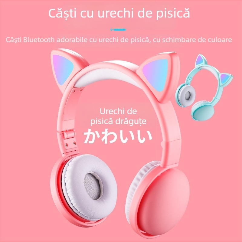 Cască Bluetooth pentru cap cu urechi de pisică luminoase, BT 5.3, rază de 15 m, autonomie baterie peste 8 ore, structură PC+ABS, design rezistent la apă