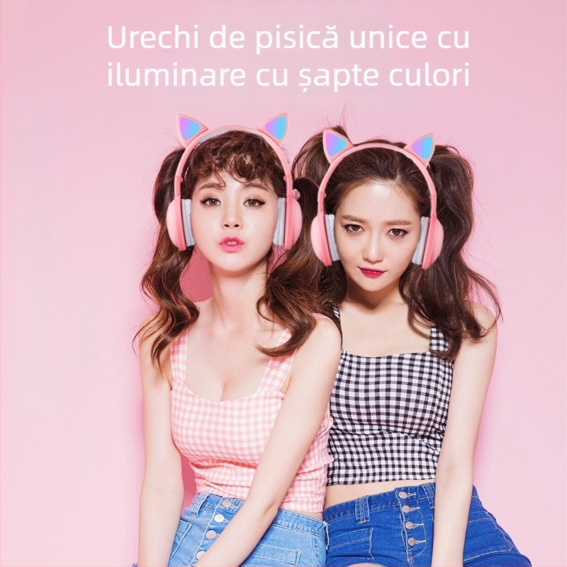 Cască Bluetooth pentru cap cu urechi de pisică luminoase, BT 5.3, rază de 15 m, autonomie baterie peste 8 ore, structură PC+ABS, design rezistent la apă
