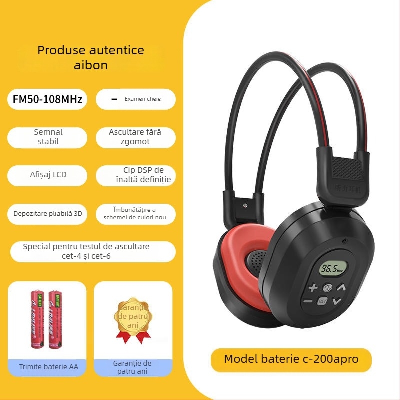C-200A Căști FM fără fir pentru examenele universitare de limba engleză CET-4/6, interval de frecvență 50-108 Hz, impedanță 32 Ω, sensibilitate 108 dB/mW, conector 3.5 mm