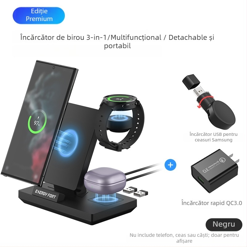 SIKAI Încărcător Wireless 3-în-1 pentru Samsung Galaxy Watch8/7/5/4 — 18W Max, QC4.0, stand de birou