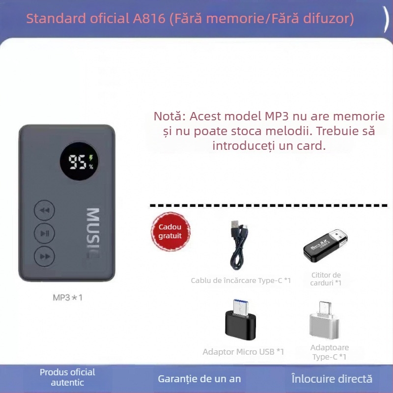 MP3 player portabil cu Bluetooth, slot pentru card, Model 816, Număr de Produs GC2ddeJk, Garantie 1 an