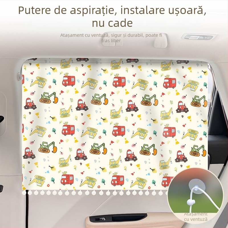 Parasolar auto pentru copii cu perdea de intimitate, fixare prin ventuze, model desen animat, stil pastoral