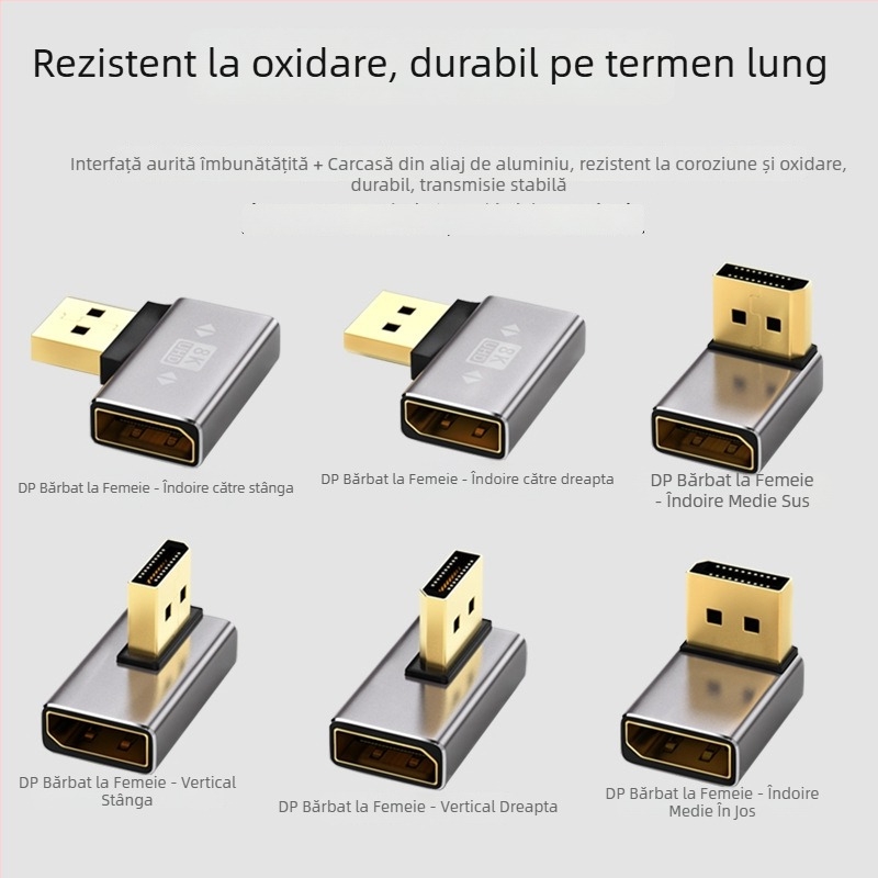 Adaptor DP unghiular 90°, DP la DP, 8K60Hz, nucleu din cupru, un capăt