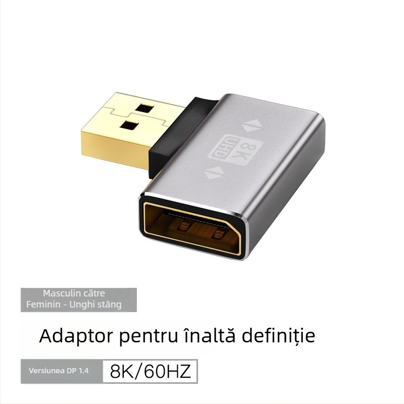 Adaptor DP unghiular 90°, DP la DP, 8K60Hz, nucleu din cupru, un capăt