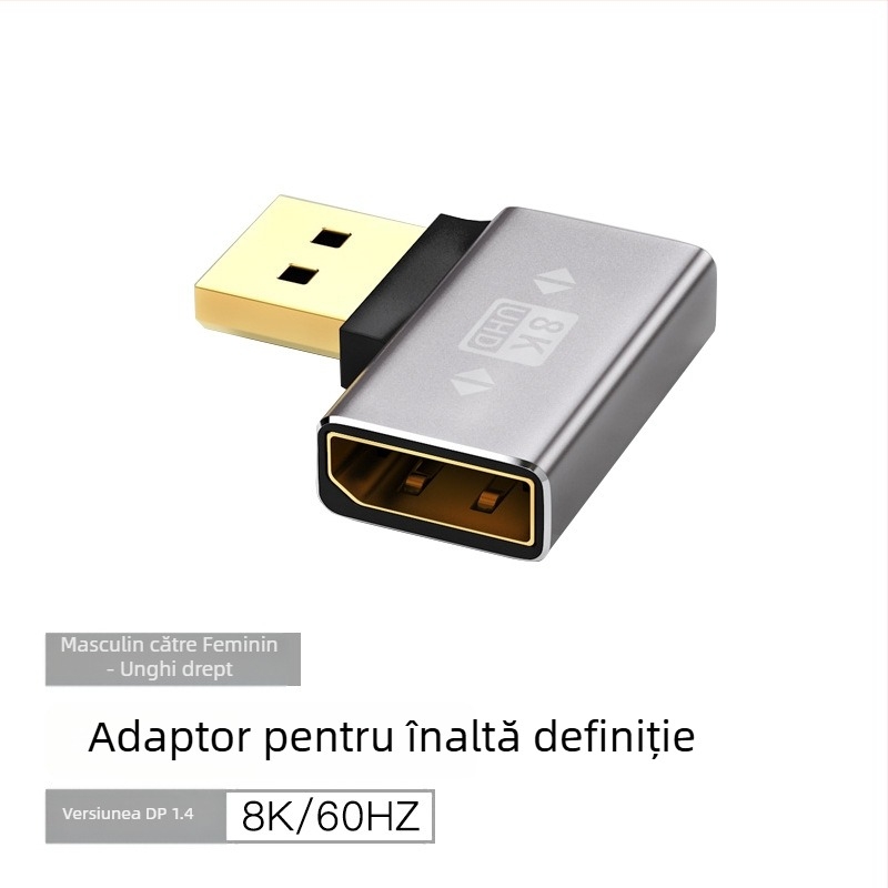 Adaptor DP unghiular 90°, DP la DP, 8K60Hz, nucleu din cupru, un capăt