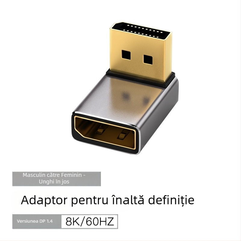 Adaptor DP unghiular 90°, DP la DP, 8K60Hz, nucleu din cupru, un capăt