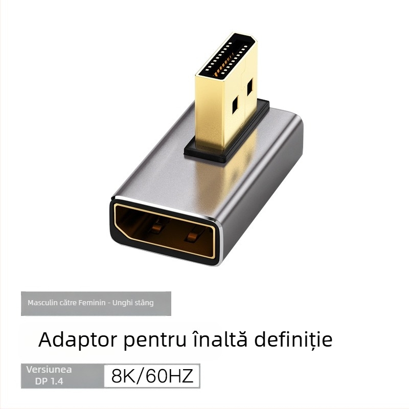 Adaptor DP unghiular 90°, DP la DP, 8K60Hz, nucleu din cupru, un capăt