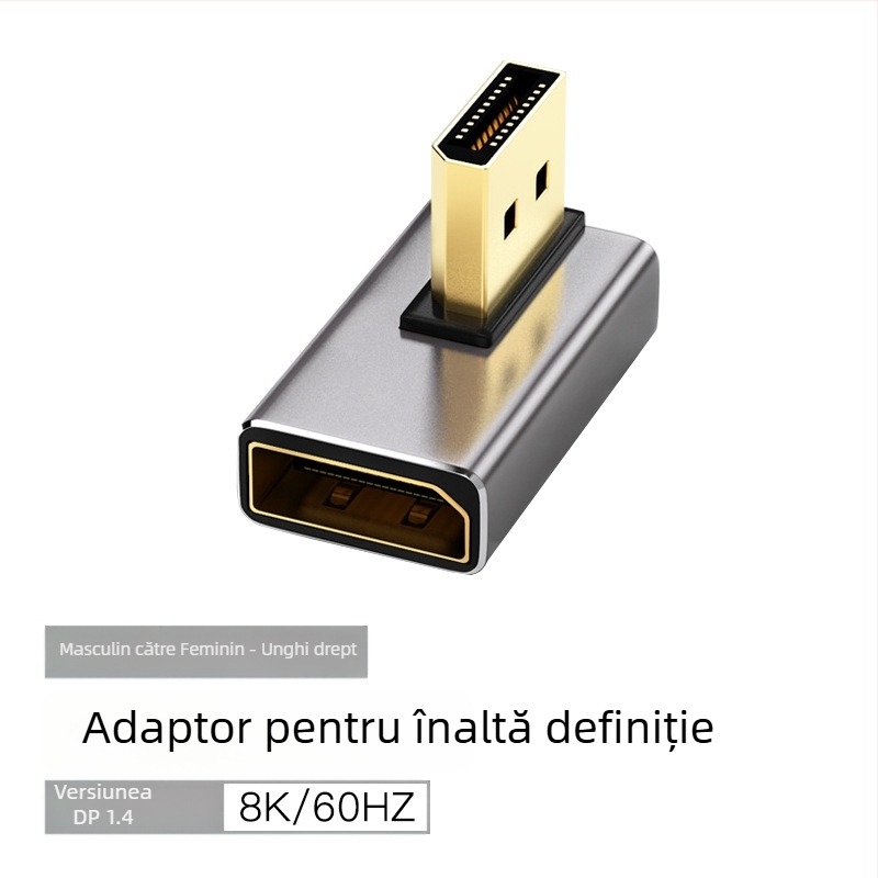 Adaptor DP unghiular 90°, DP la DP, 8K60Hz, nucleu din cupru, un capăt