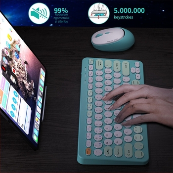 Set de tastatură și mouse wireless cu trei moduri, interfețe USB pentru tastatură și mouse, 1600 DPI, ergonomic, impermeabil