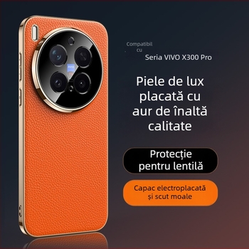 Carcasă de protecție pentru Vivo X300 Pro – piele naturală, anti-cadere, placare electroplatină (Material: piele naturală; Funcție: anti-cadere; Compatibilitate: Vivo X300 Pro; Finisaj: placare electroplatină)