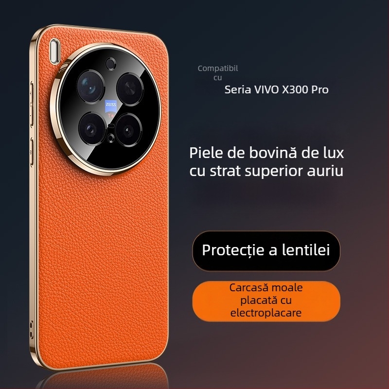 Carcasă de protecție pentru Vivo X300 Pro – piele naturală, anti-cadere, placare electroplatină (Material: piele naturală; Funcție: anti-cadere; Compatibilitate: Vivo X300 Pro; Finisaj: placare electroplatină)