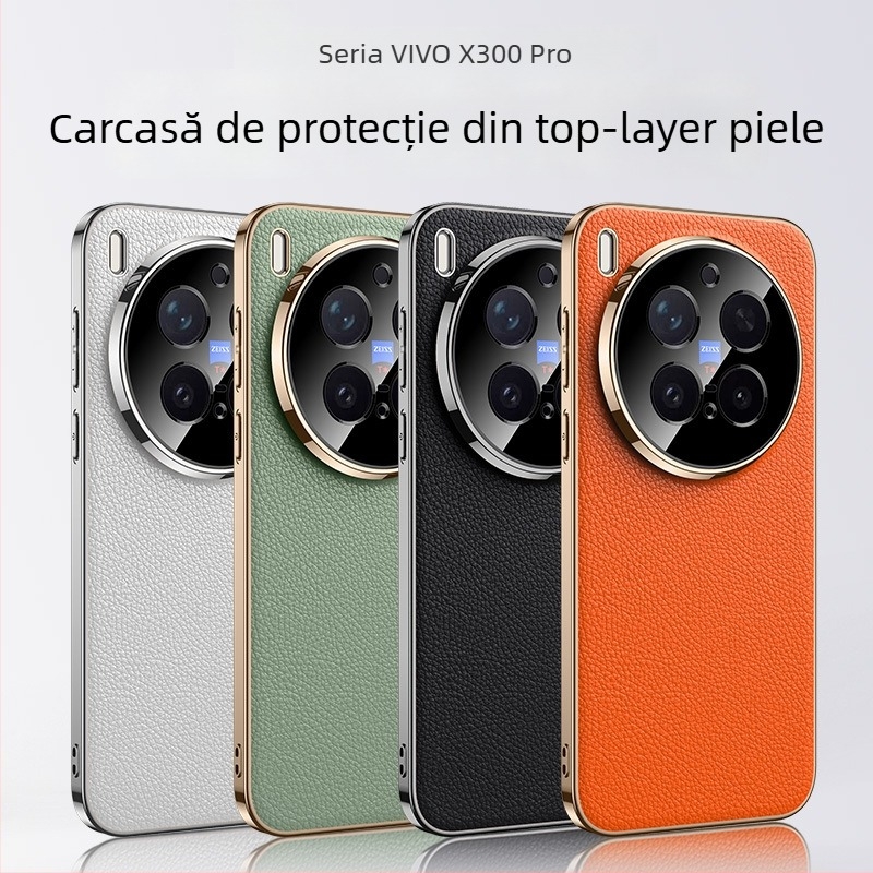 Carcasă de protecție pentru Vivo X300 Pro – piele naturală, anti-cadere, placare electroplatină (Material: piele naturală; Funcție: anti-cadere; Compatibilitate: Vivo X300 Pro; Finisaj: placare electroplatină)