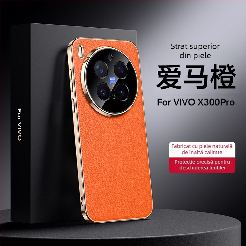 Carcasă de protecție pentru Vivo X300 Pro – piele naturală, anti-cadere, placare electroplatină (Material: piele naturală; Funcție: anti-cadere; Compatibilitate: Vivo X300 Pro; Finisaj: placare electroplatină)