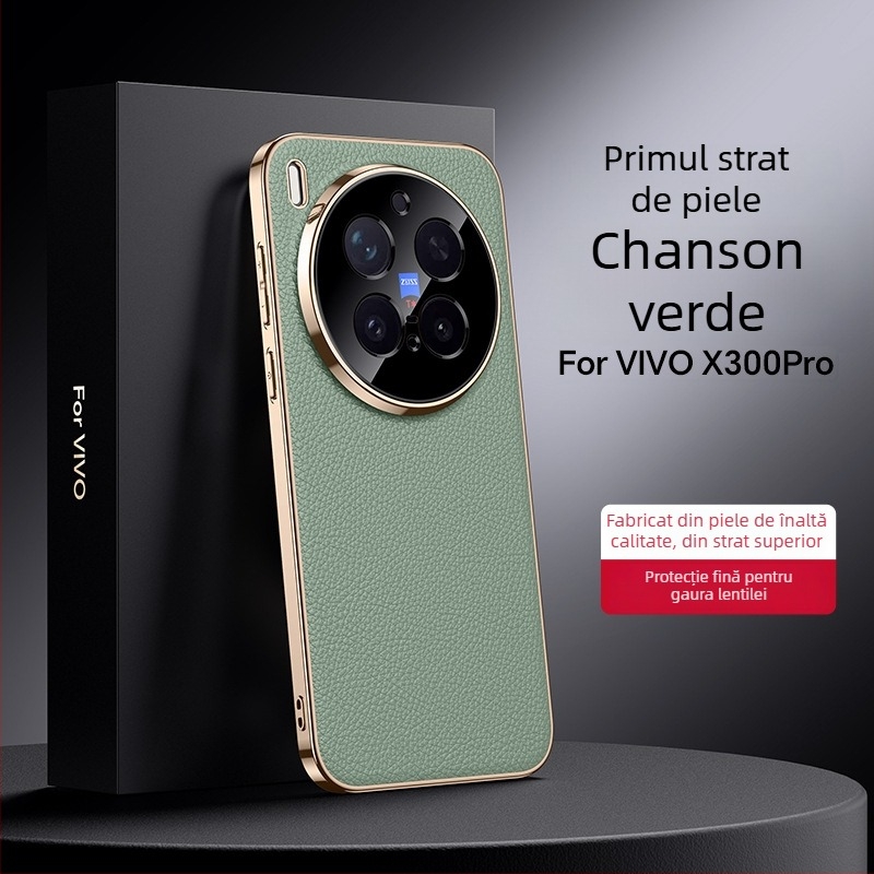 Carcasă de protecție pentru Vivo X300 Pro – piele naturală, anti-cadere, placare electroplatină (Material: piele naturală; Funcție: anti-cadere; Compatibilitate: Vivo X300 Pro; Finisaj: placare electroplatină)