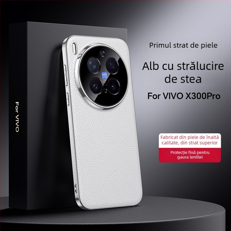 Carcasă de protecție pentru Vivo X300 Pro – piele naturală, anti-cadere, placare electroplatină (Material: piele naturală; Funcție: anti-cadere; Compatibilitate: Vivo X300 Pro; Finisaj: placare electroplatină)