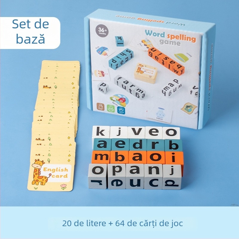 Joc educativ din lemn cu blocuri și cărți pentru formarea cuvintelor, pentru copii 4–6 ani, lemn de arțar, 0–38 bucăți, ambalaj color