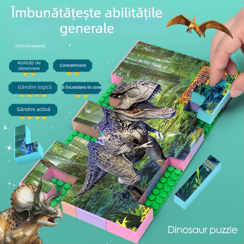 Puzzle 3D din plastic cu blocuri de dinozauri – DIY, pentru copii 7-14 ani