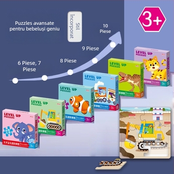 Carduri puzzle: 5-10 carduri cu animale, dinozauri și mașini de construcții; hârtie; pentru copii 0-3 ani; ambalaj într-o cutie colorată.