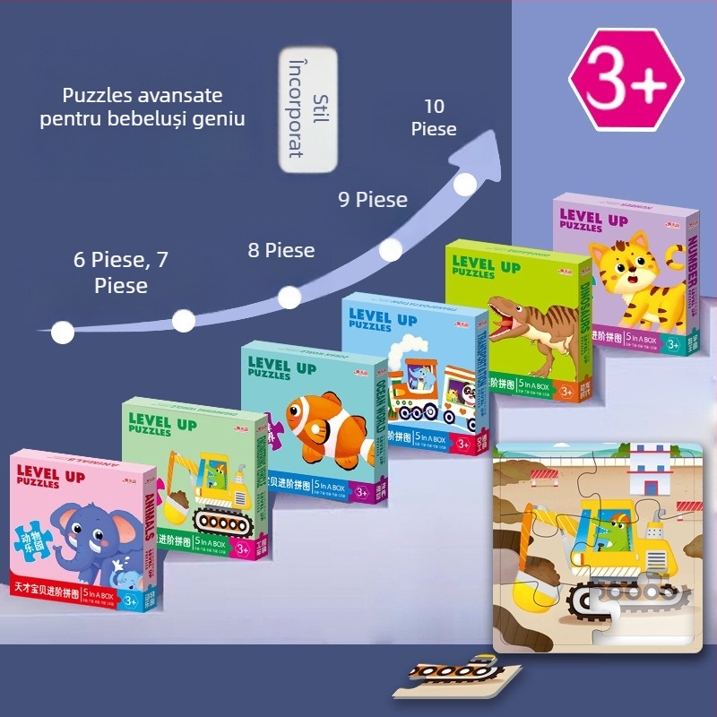 Carduri puzzle: 5-10 carduri cu animale, dinozauri și mașini de construcții; hârtie; pentru copii 0-3 ani; ambalaj într-o cutie colorată.