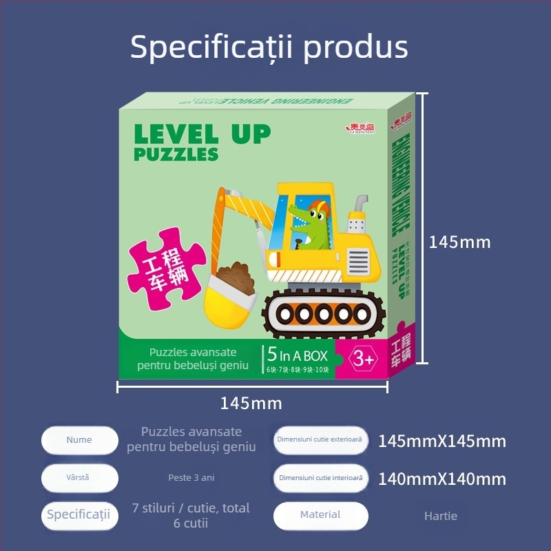 Carduri puzzle: 5-10 carduri cu animale, dinozauri și mașini de construcții; hârtie; pentru copii 0-3 ani; ambalaj într-o cutie colorată.