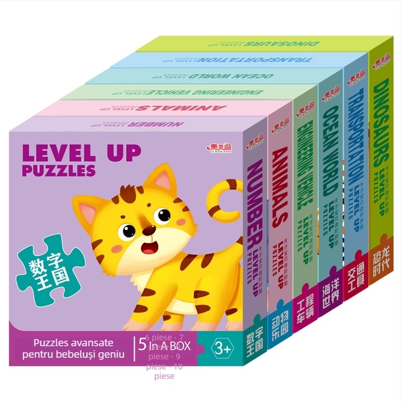 Carduri puzzle: 5-10 carduri cu animale, dinozauri și mașini de construcții; hârtie; pentru copii 0-3 ani; ambalaj într-o cutie colorată.