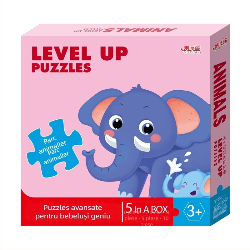 Carduri puzzle: 5-10 carduri cu animale, dinozauri și mașini de construcții; hârtie; pentru copii 0-3 ani; ambalaj într-o cutie colorată.