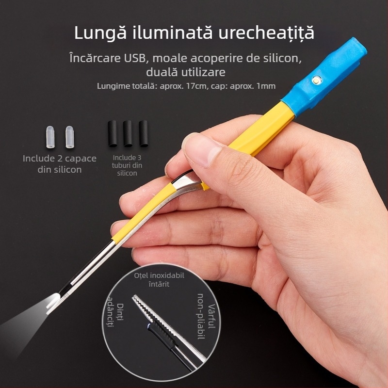 Shunwanjia Lingură strălucitoare pentru urechi cu endoscop vizual, încărcare USB, oțel inoxidabil