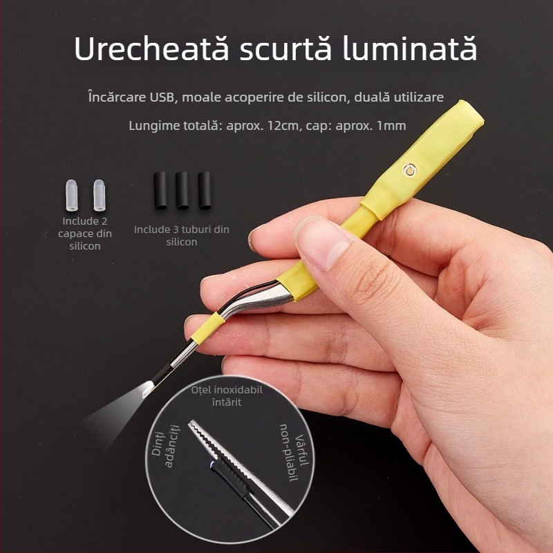 Shunwanjia Lingură strălucitoare pentru urechi cu endoscop vizual, încărcare USB, oțel inoxidabil