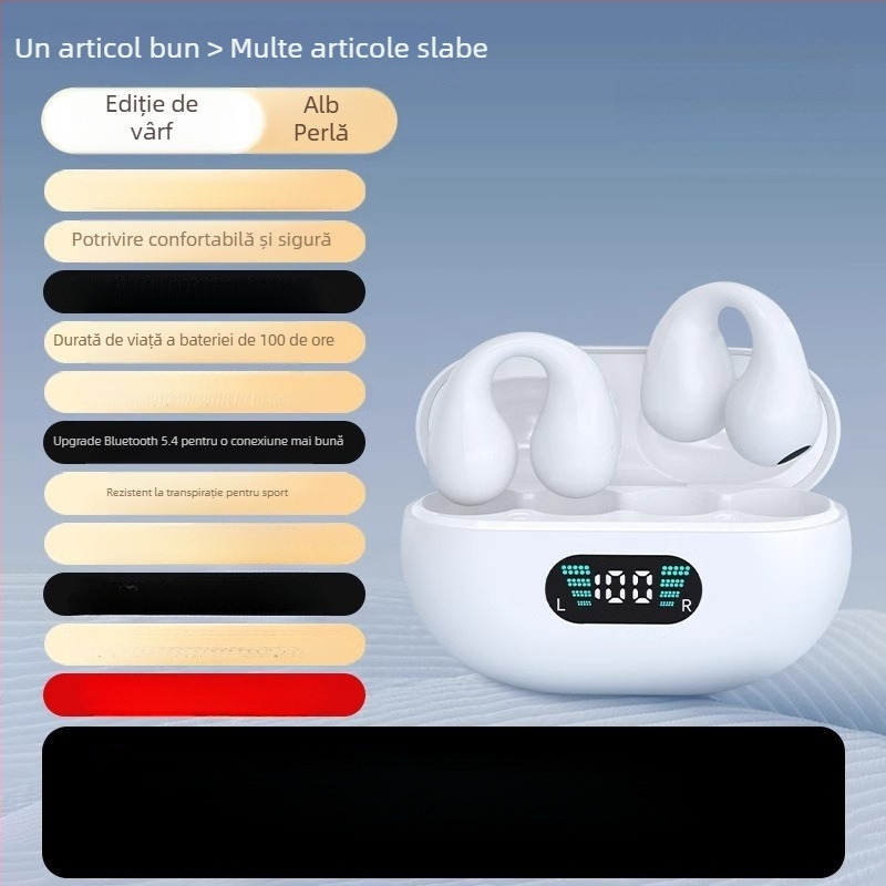Căști Bluetooth cu conductivitate osoasă, design clip-on, wireless, rază 15 m, baterie 8+ ore, Bluetooth 5.0, pentru apeluri și muzică