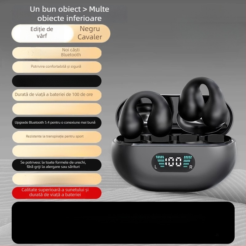 Căști Bluetooth cu conductivitate osoasă, design clip-on, wireless, rază 15 m, baterie 8+ ore, Bluetooth 5.0, pentru apeluri și muzică