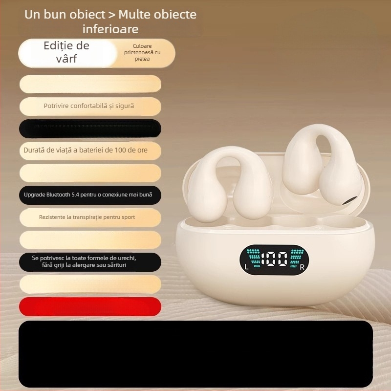 Căști Bluetooth cu conductivitate osoasă, design clip-on, wireless, rază 15 m, baterie 8+ ore, Bluetooth 5.0, pentru apeluri și muzică