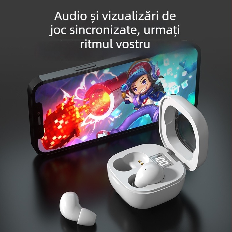 Căști Bluetooth wireless in-ear, Bluetooth 5.3, autonomie baterie 4–8 ore, rază de 10 m, reducere a zgomotului, latență scăzută pentru gaming