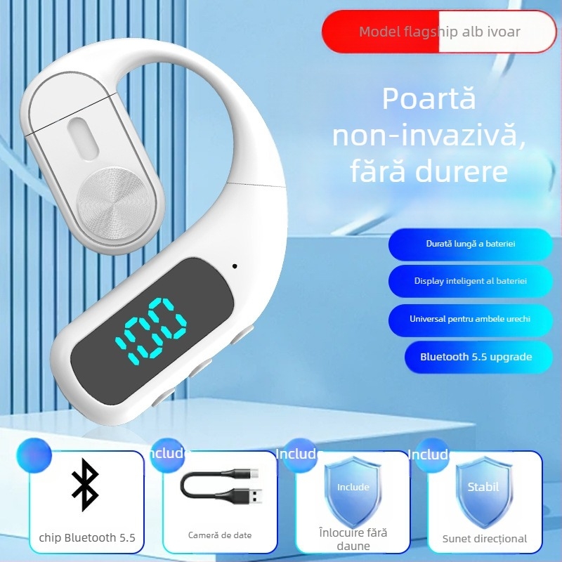 Headset Bluetooth cu conductivitate aeriană, pentru un singur ureche, montat la ureche, Bluetooth 5.5, rază 10 m, autonomie >8 h