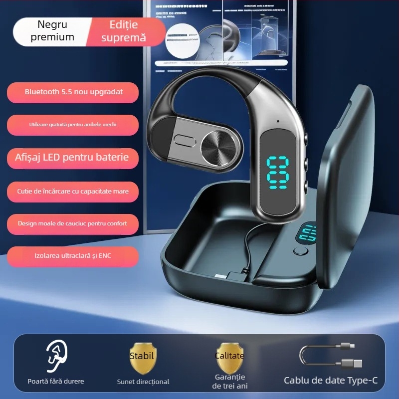 Headset Bluetooth cu conductivitate aeriană, pentru un singur ureche, montat la ureche, Bluetooth 5.5, rază 10 m, autonomie >8 h