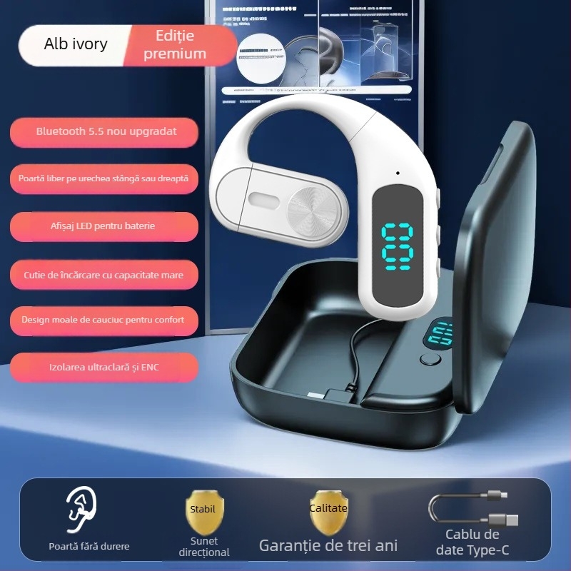 Headset Bluetooth cu conductivitate aeriană, pentru un singur ureche, montat la ureche, Bluetooth 5.5, rază 10 m, autonomie >8 h