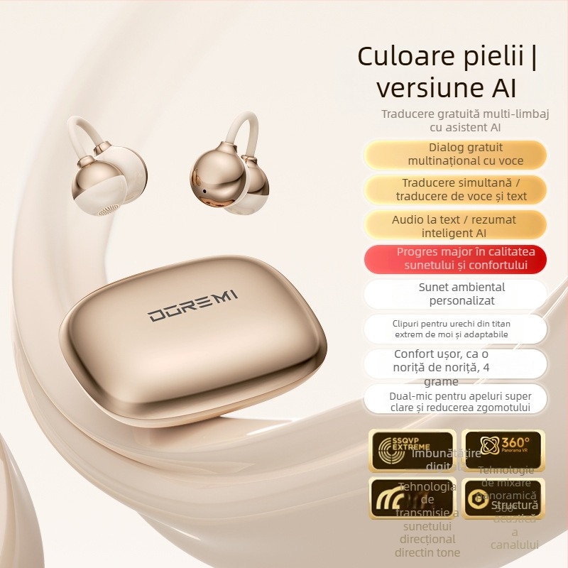 Căști Bluetooth cu transmisie prin os, clemă pentru ureche, design deschis, stil sport, traducere AI cu traducere simultană, autonomie baterie 0–4 h