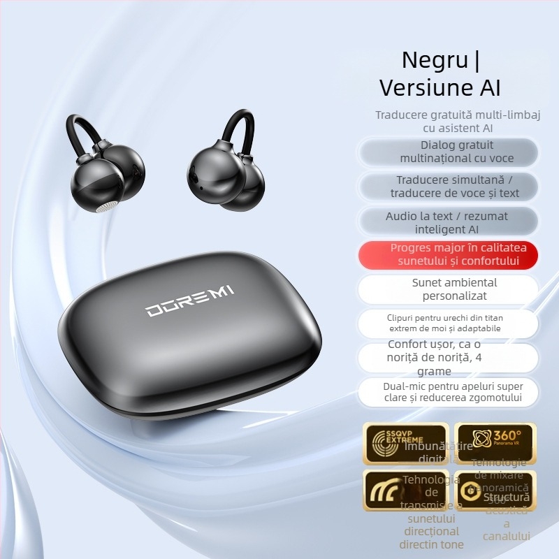Căști Bluetooth cu transmisie prin os, clemă pentru ureche, design deschis, stil sport, traducere AI cu traducere simultană, autonomie baterie 0–4 h