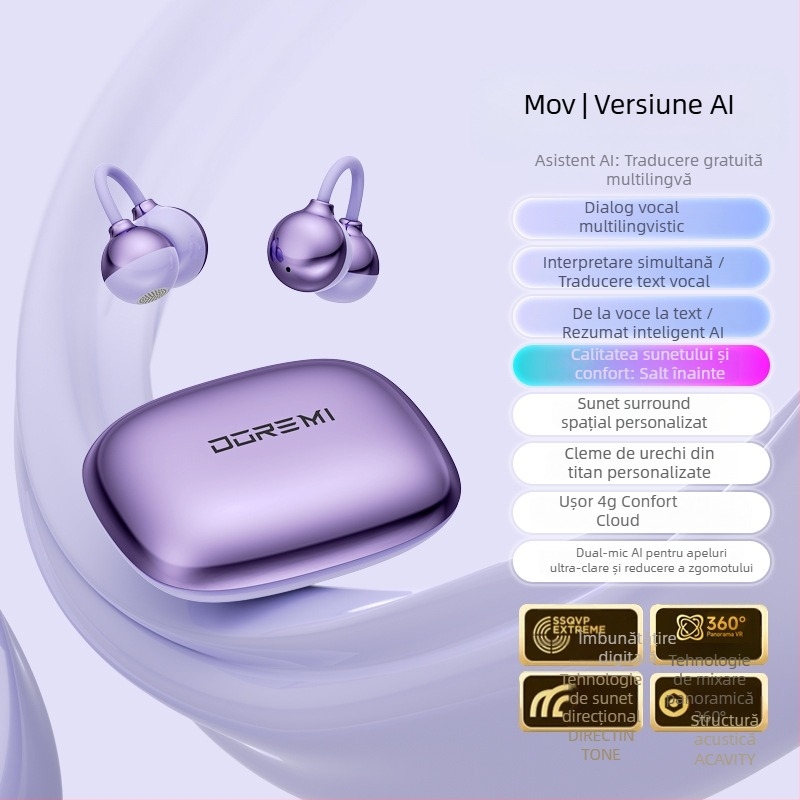 Căști Bluetooth cu transmisie prin os, clemă pentru ureche, design deschis, stil sport, traducere AI cu traducere simultană, autonomie baterie 0–4 h