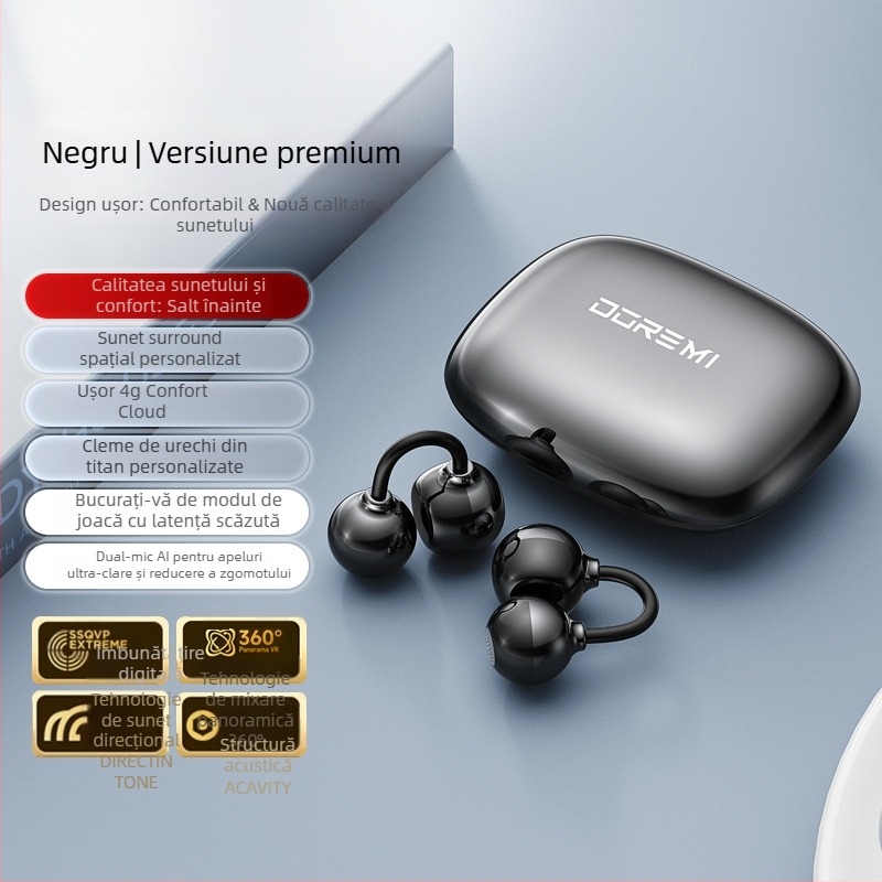 Căști Bluetooth cu transmisie prin os, clemă pentru ureche, design deschis, stil sport, traducere AI cu traducere simultană, autonomie baterie 0–4 h