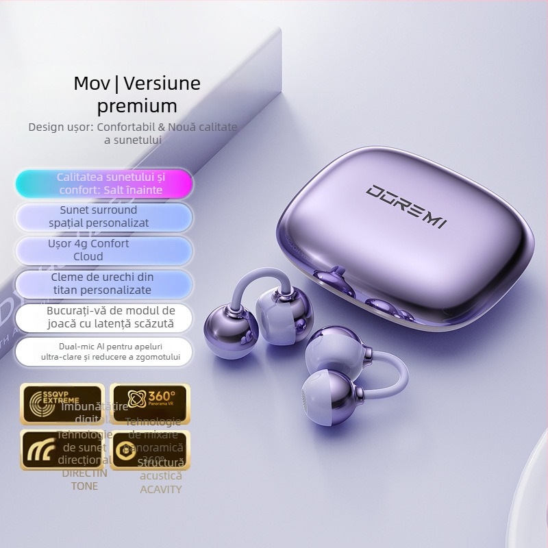 Căști Bluetooth cu transmisie prin os, clemă pentru ureche, design deschis, stil sport, traducere AI cu traducere simultană, autonomie baterie 0–4 h