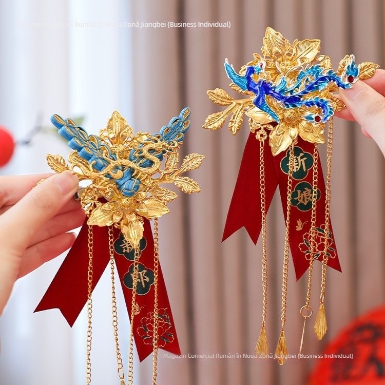 Pereche de corsaje de nuntă dragon și phoenix, pentru mire și mireasă, set complet în stil chinezesc