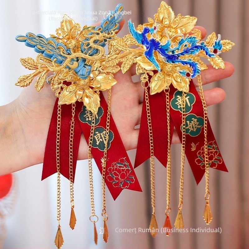 Pereche de corsaje de nuntă dragon și phoenix, pentru mire și mireasă, set complet în stil chinezesc