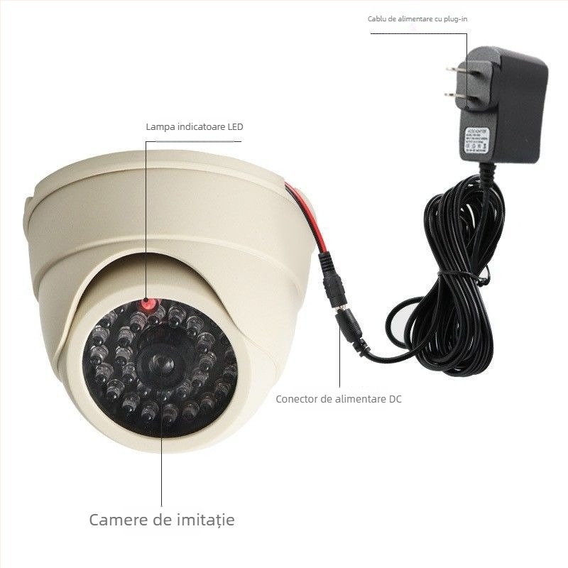 Cameră de supraveghere falsă pentru interior, cu LED, carcasă din plastic și accesorii de protecție
