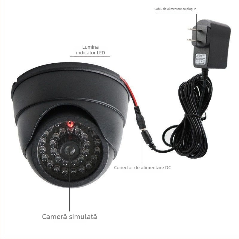 Cameră de supraveghere falsă pentru interior, cu LED, carcasă din plastic și accesorii de protecție